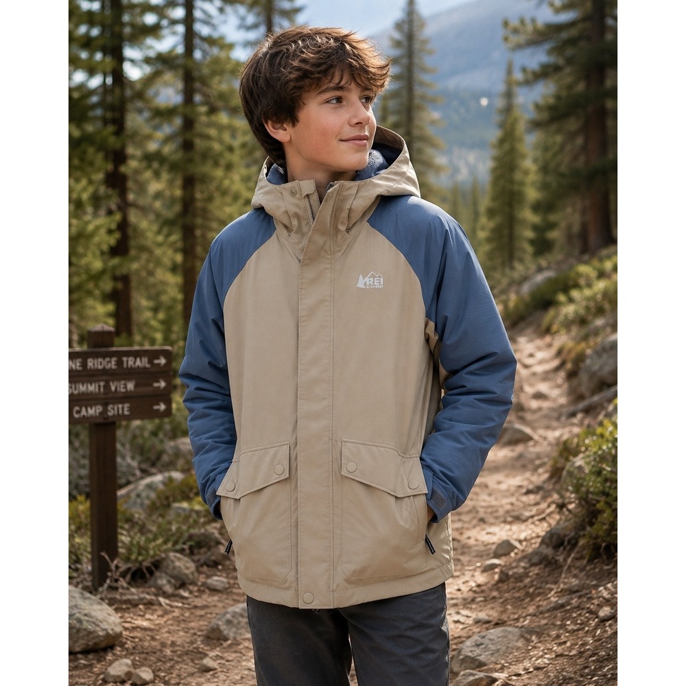 REI Co-op Kids L 14-16 Hooded Waterproof Fleece Lined Jacket Blue Gray 2019